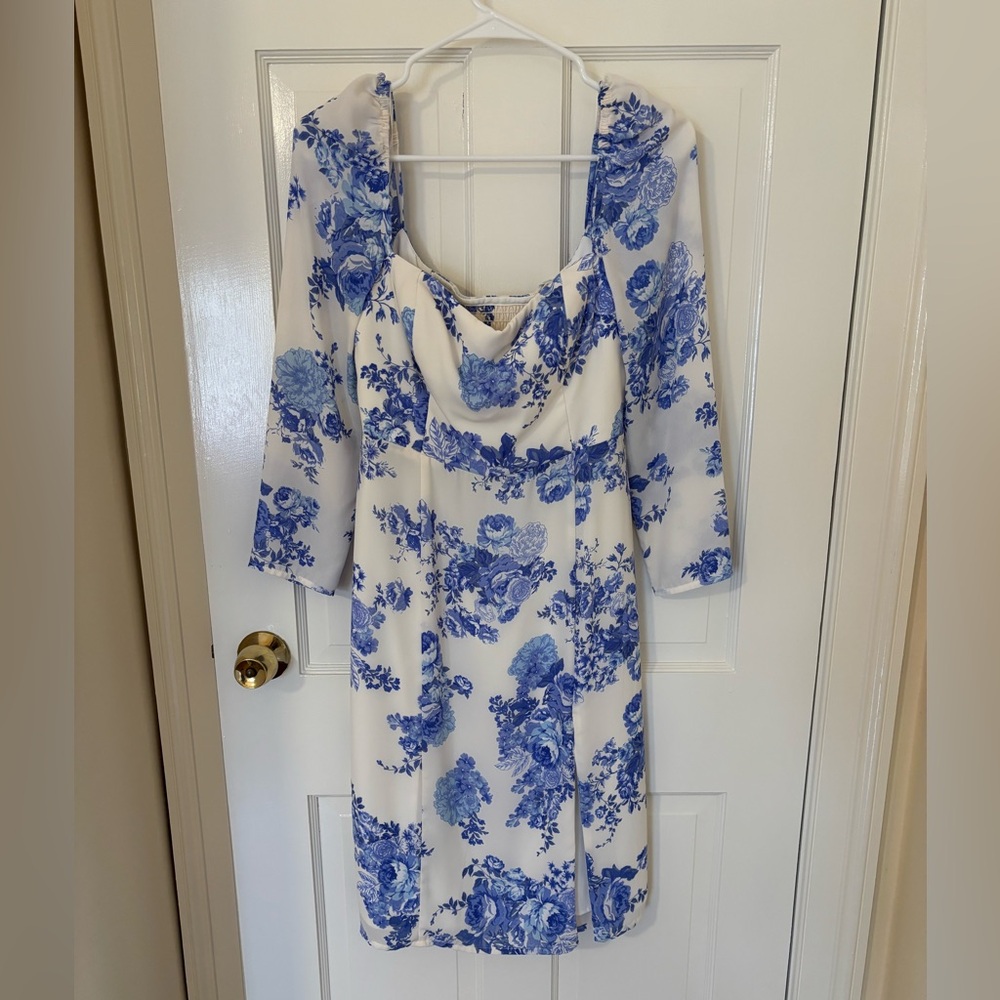 BHLDN Blue and White Floral Long Sleeve Dress